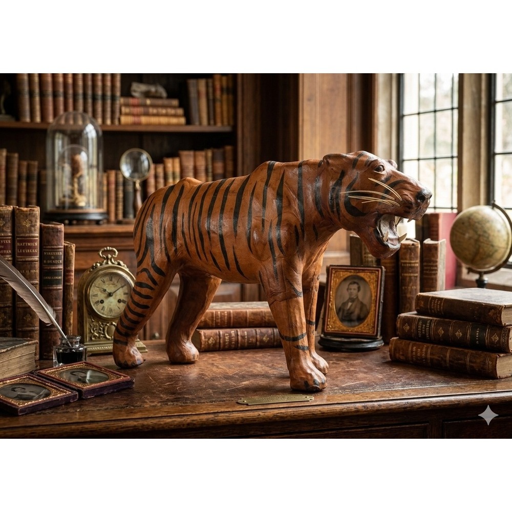 Vintage Handcrafted Leather Tiger‎ Figurine Roaring Animal Sculpture Home Decor